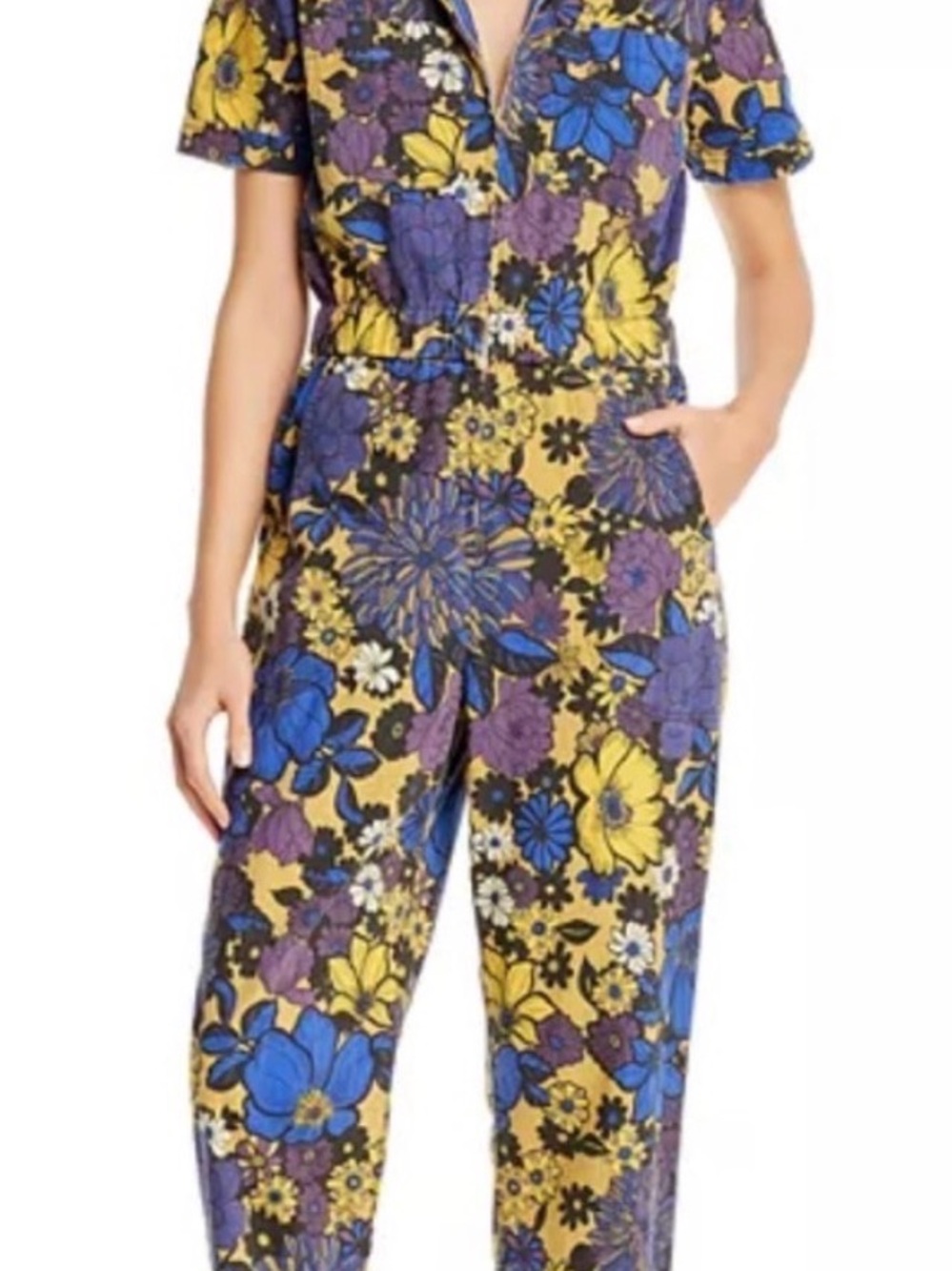 MOTHER Floral Short-Sleeve Jumpsuit in Yellow, Blue & Purple